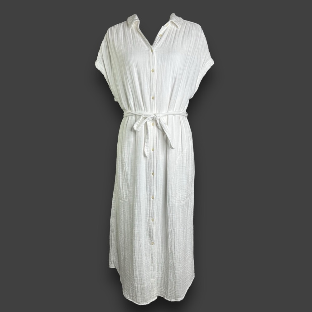 Old Navy Shirt Dress Women L White Cotton Short Sleeve Belted Vacation Shift